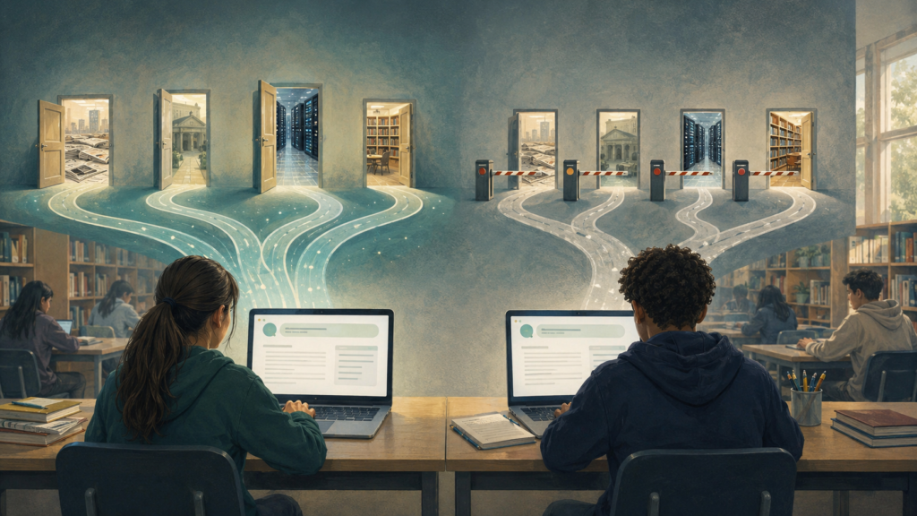 Two students receive similar AI answers while one agent reaches open information archives and the other encounters payment barriers.